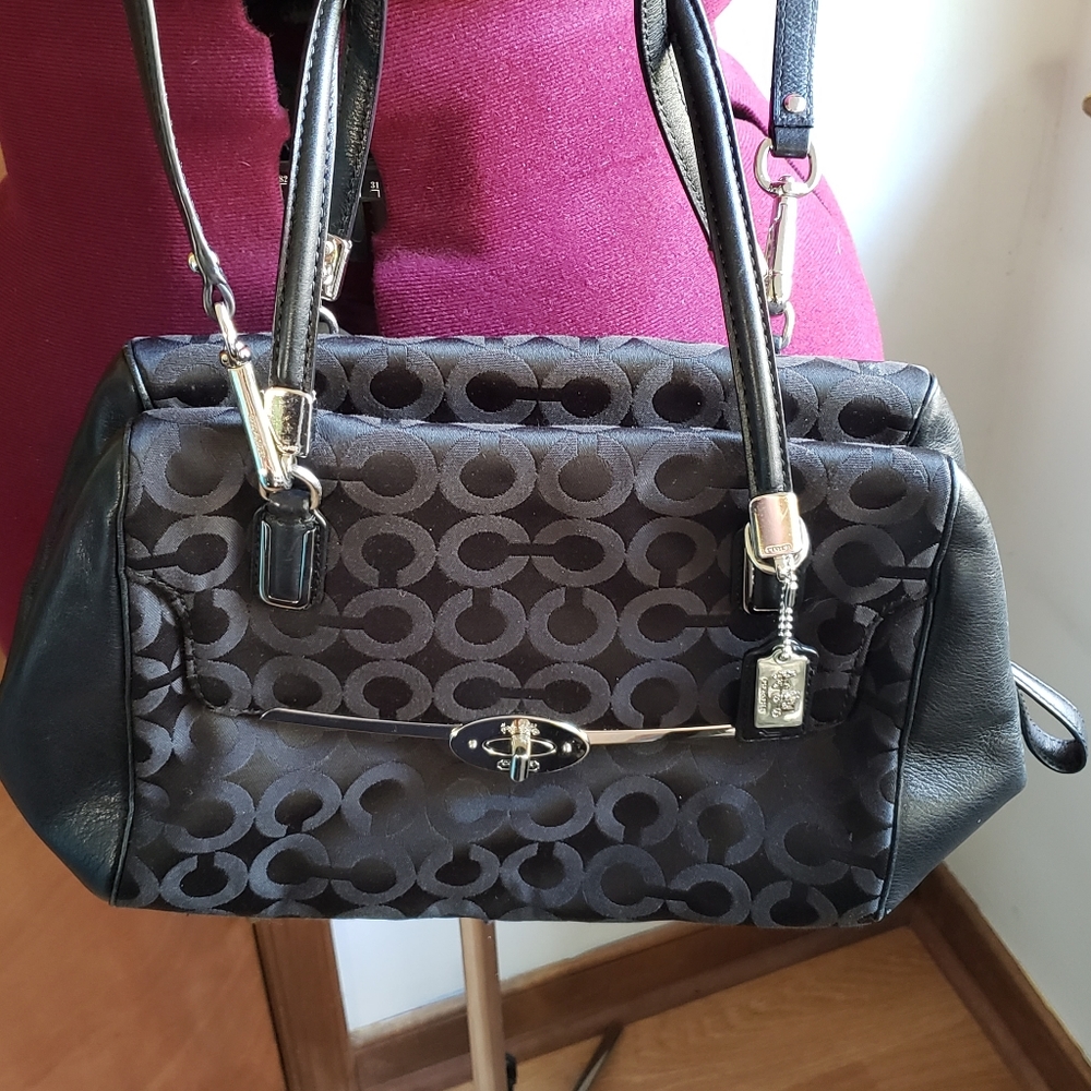 Coach Madison Small Madeline East West Satchel Leather Trim Op Art Fabric